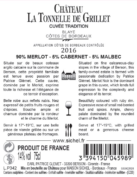 Chateau Tonnelle de Grillet (La) （格里耶酒庄） AOC 布拉伊-波尔多山坡（Blaye - Cotes de Bordeaux） 红葡萄酒 - red 2016