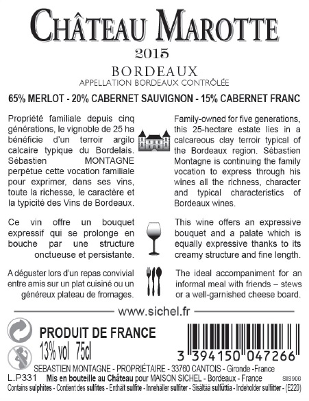 Château Marotte AOC Bordeaux Rouge 2015