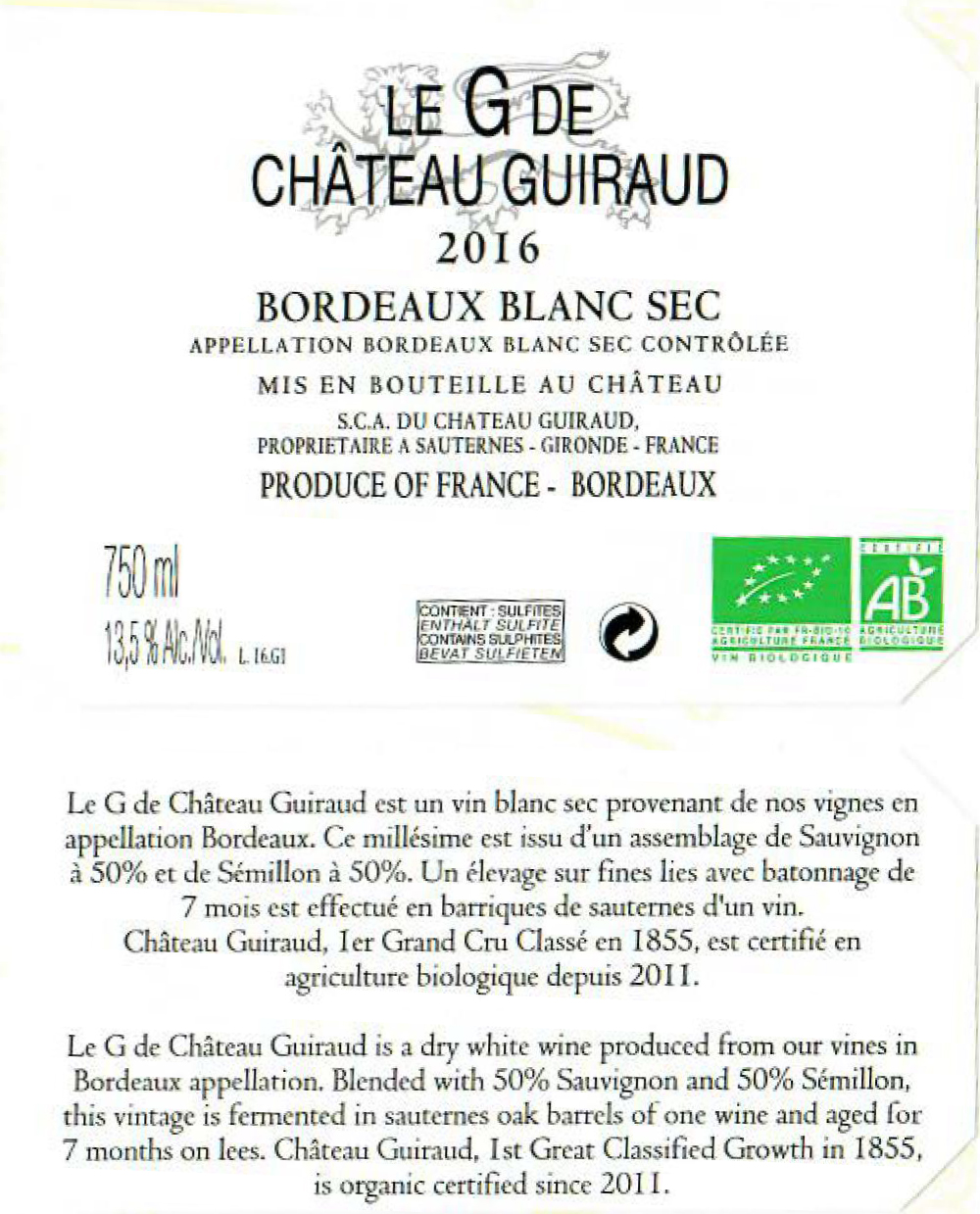 G de Guiraud AOC Bordeaux White 2016