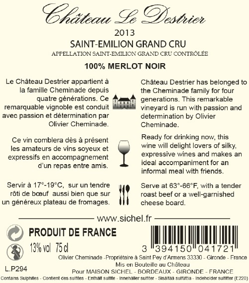 Château Le Destrier - Cuvée Prestige AOC Saint-Emilion Grand Cru Red 2013