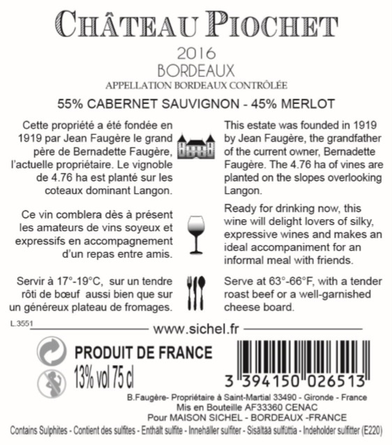 Château Piochet AOC Bordeaux Red 2016