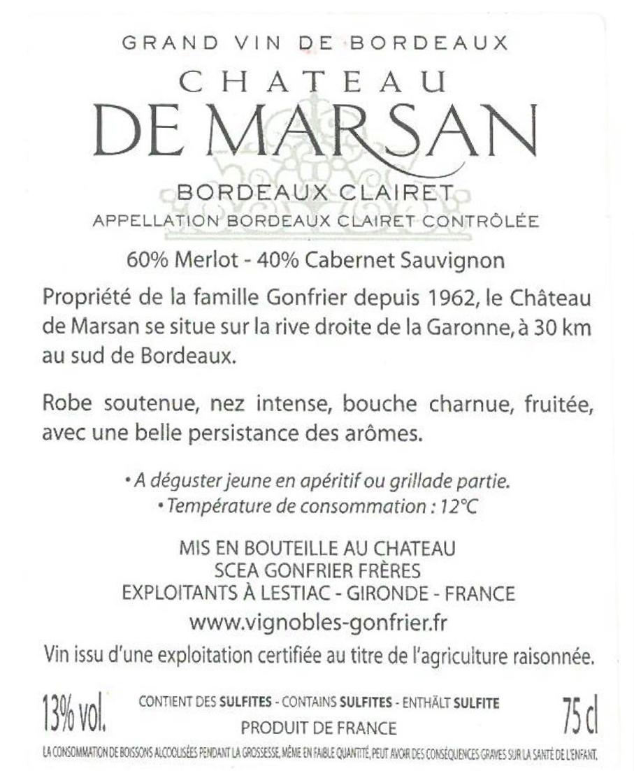 Château de Marsan AOC Bordeaux Clairet Clairet 2016