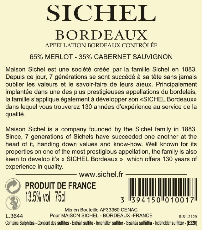 Bordeaux Sichel AOC Bordeaux Red 2016