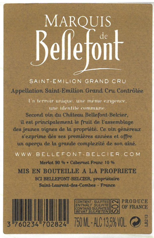 Marquis de Bellefont AOC Saint-Emilion Grand Cru Rouge 2013