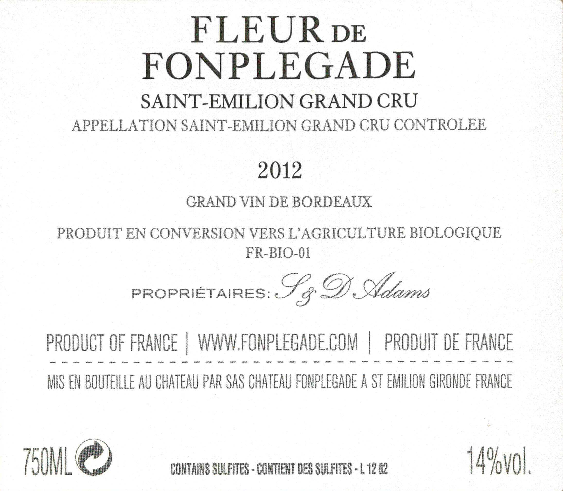 Fleur de Fonplégade AOC Saint-Emilion Grand Cru Rouge 2012