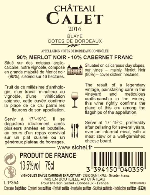 Château Calet（卡蕾酒庄） AOC 布拉伊-波尔多山坡（Blaye - Cotes de Bordeaux） 红葡萄酒 - red 2016