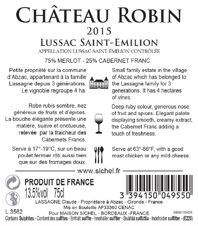 Château Robin AOC Lussac Saint-Emilion Rouge 2015