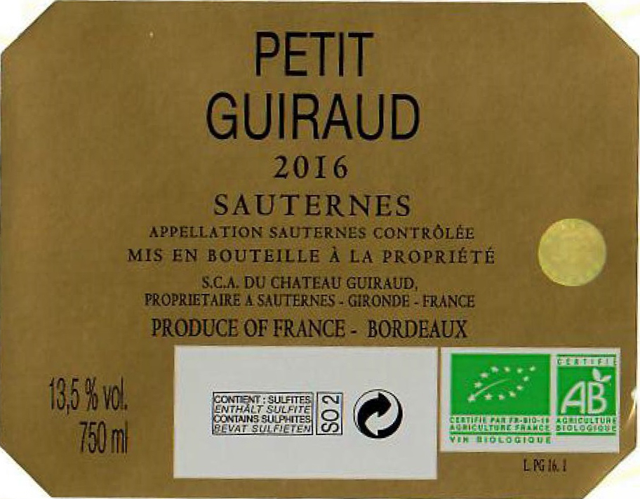 Petit Guiraud AOC Sauternes Blanc Liquoreux 2016