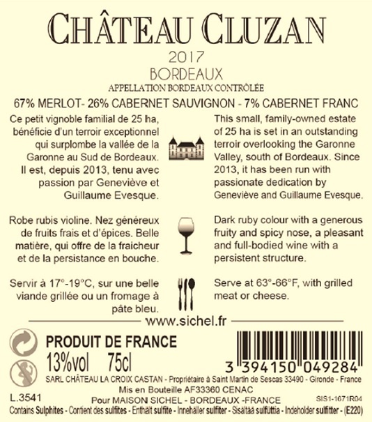 Château Cluzan AOC Bordeaux Red 2017