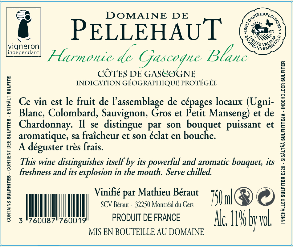Domaine de Pellehaut Harmonie de Gascogne IGP Côtes de Gascogne Blanc 2018