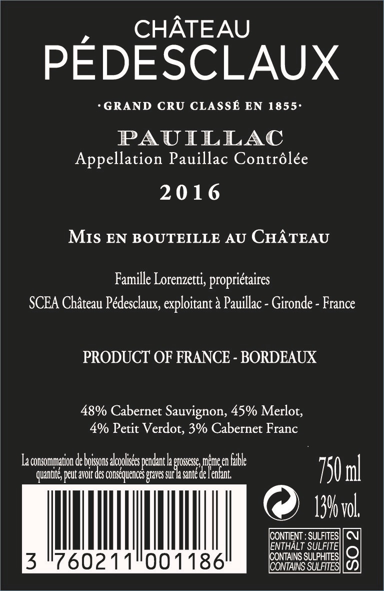 Château Pédesclaux（百德诗歌酒庄） AOC 波亚克（Pauillac） 红葡萄酒 2016