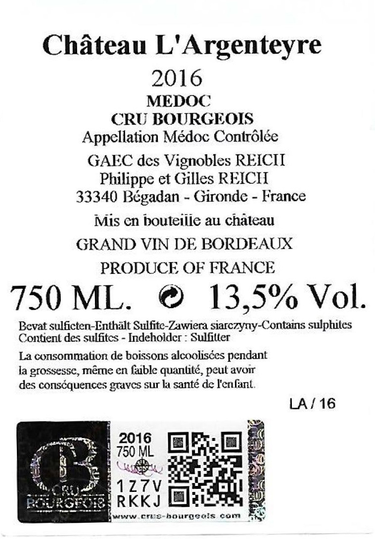 Château Argenteyre (l') AOC Médoc Red 2016
