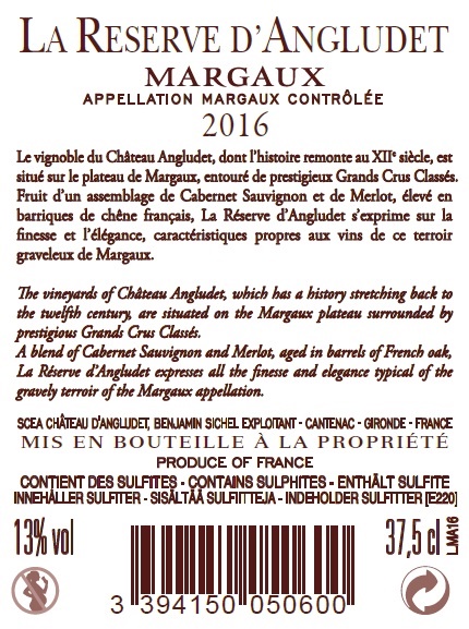 La Réserve d'Angludet AOC Margaux Rouge 2016