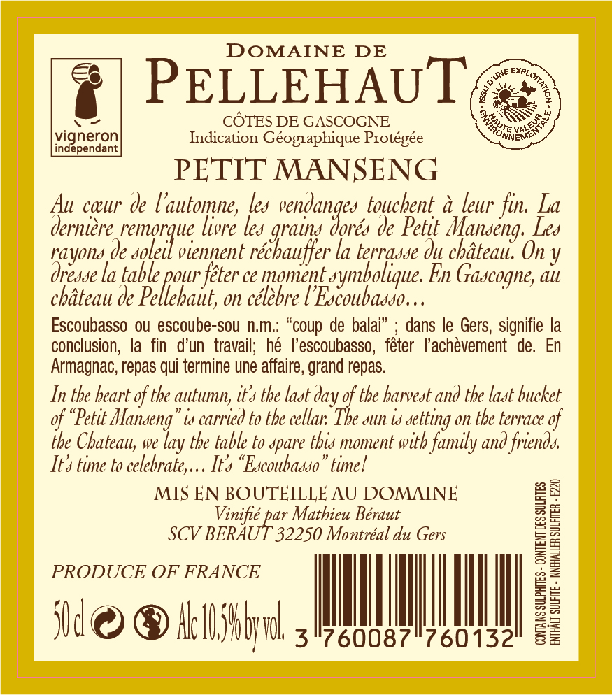 Domaine de Pellehaut L'Escoubasso（伯乐奥酒庄库巴索） IGP 加斯科涅地区餐酒（IGP Cotes de Gascogne） 甜白葡萄酒 2017