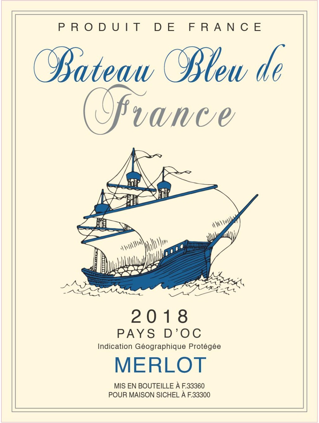 Bateau Bleu de France - Merlot （法国蓝船 - 梅洛） IGP 奥克地区餐酒（Pays d'Oc） 红葡萄酒 2018