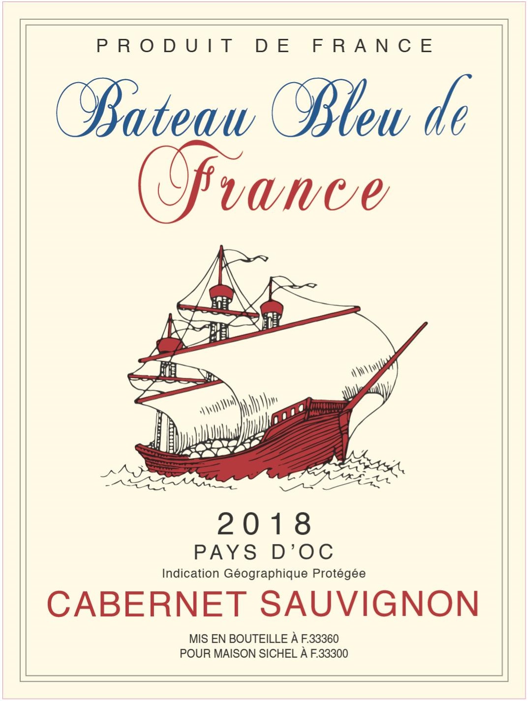 Bateau Bleu de France - Cabernet Sauvignon（法国蓝船 - 赤霞珠） IGP 奥克地区餐酒（Pays d'Oc） 红葡萄酒 2018
