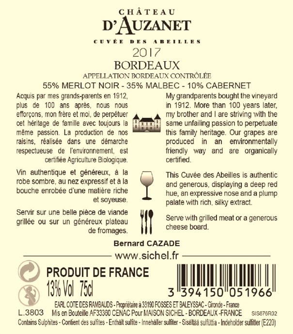 Château Auzanet (d') - Cuvée des Abeilles AOC Bordeaux Rouge 2017