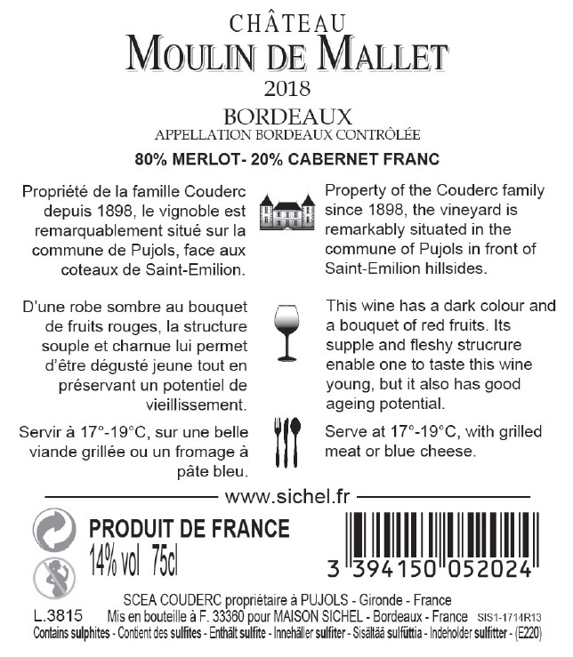 Chateau Moulin de Mallet（木兰玛莱酒庄） AOC 波尔多（Bordeaux） 红葡萄酒 2018