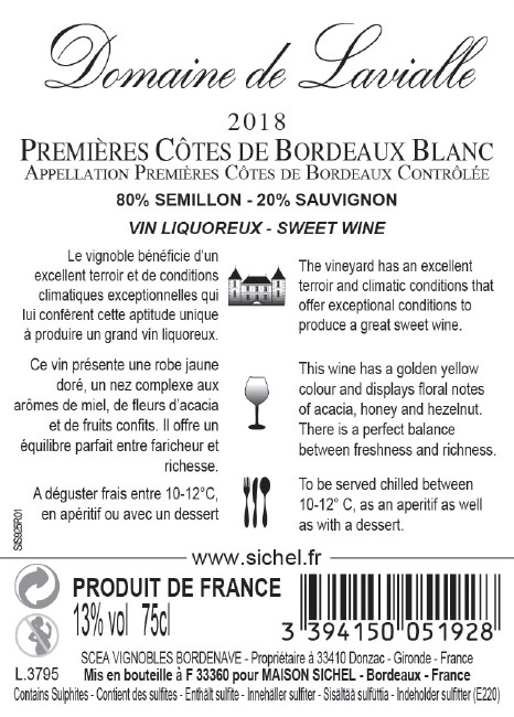 Domaine de Lavialle AOC Premières Côtes de Bordeaux Blanc 2018