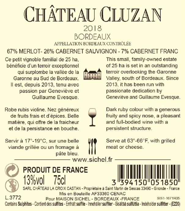 Château Cluzan AOC Bordeaux Red 2018