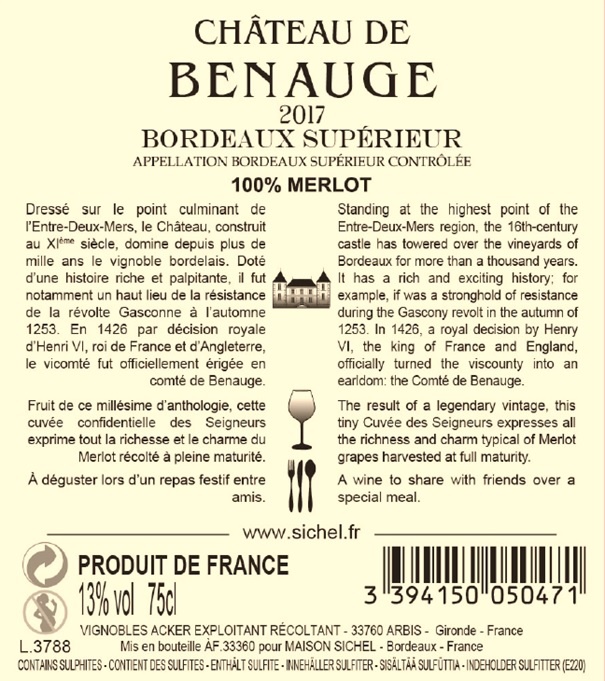 Château de Benauge AOC Bordeaux Supérieur Rouge 2017