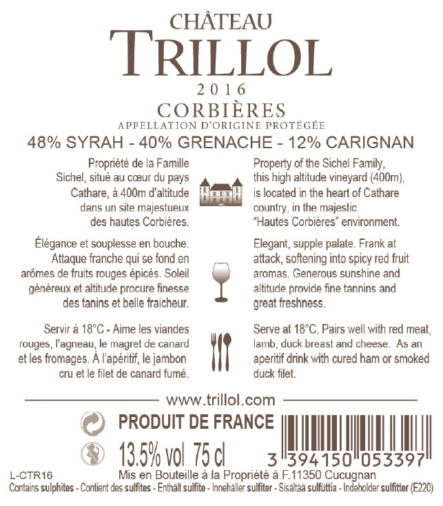 Château Trillol  AOC Corbières Rouge 2016