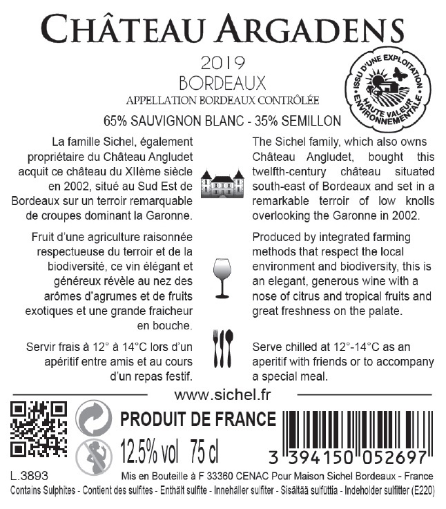 Château Argadens AOC Bordeaux Blanc 2019