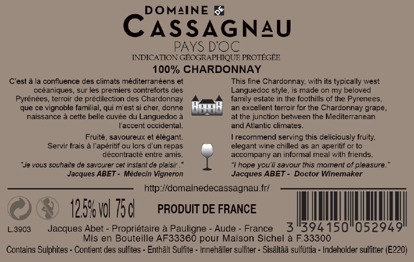 Domaine de Cassagnau Chardonnay IGP Pays d'Oc Blanc 2019