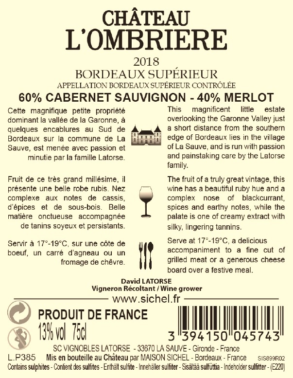 Château Ombrière (l') AOC Bordeaux Supérieur Red 2018