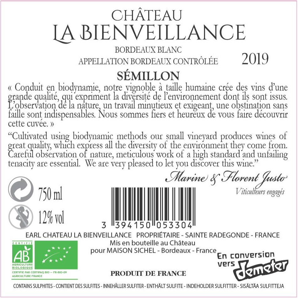Château La Bienveillance AOC Bordeaux  White 2019