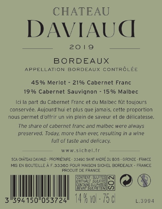 Château Daviaud AOC Bordeaux Rouge 2019