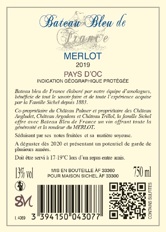 Bateau Bleu de France - Merlot （法国蓝船 - 梅洛） IGP 奥克地区餐酒（Pays d'Oc） 红葡萄酒 2019