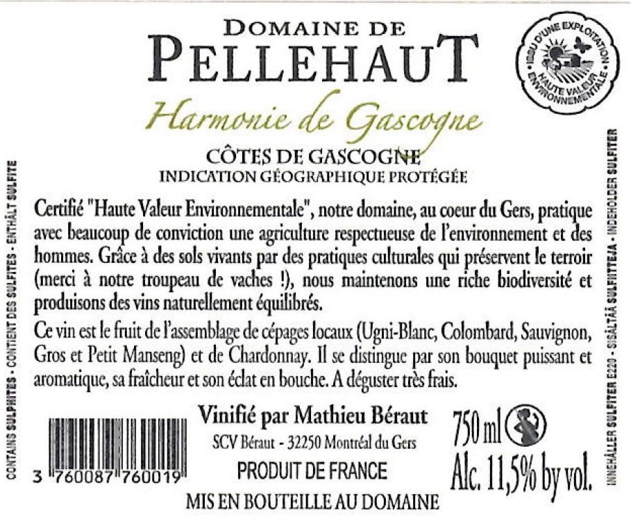 Domaine de Pellehaut Harmonie de Gascogne IGP Côtes de Gascogne Blanc 2020