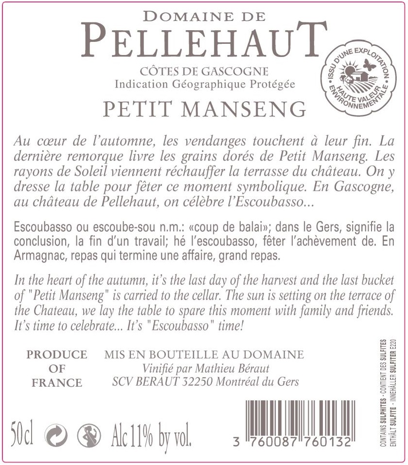 Domaine de Pellehaut L'Escoubasso IGP Côtes de Gascogne Blanc Liquoreux 2018