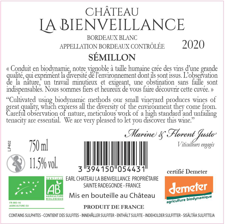 Château La Bienveillance AOC Bordeaux  Blanc 2020