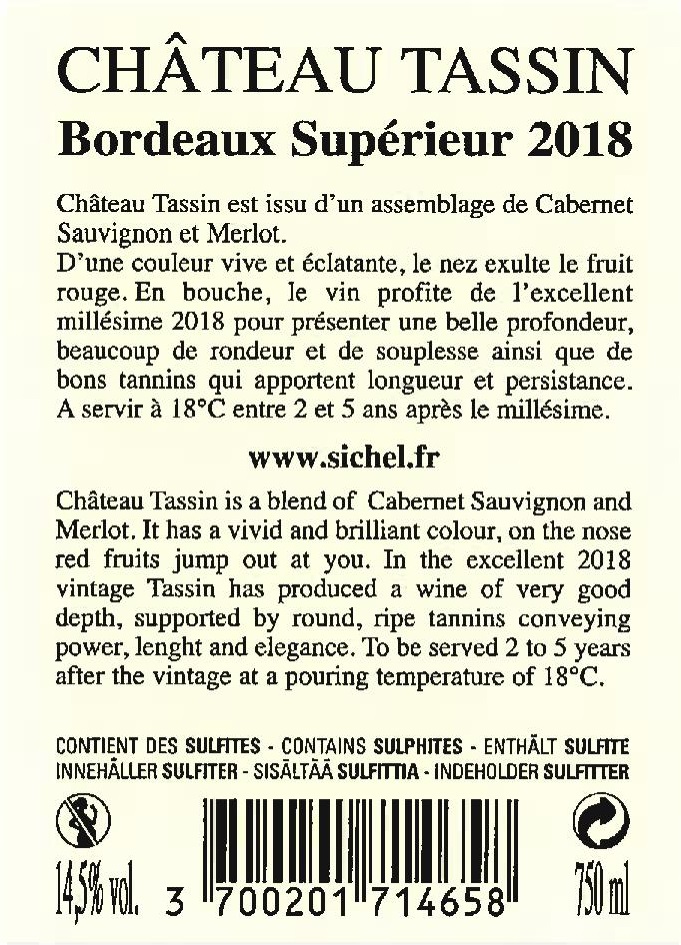 Château Tassin AOC Bordeaux Supérieur Red 2018