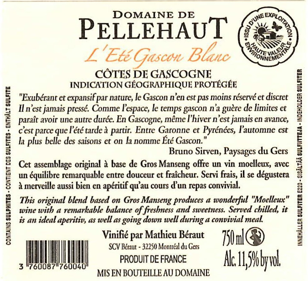 Domaine de Pellehaut L'été Gascon IGP Côtes de Gascogne Medium Sweet White 2020