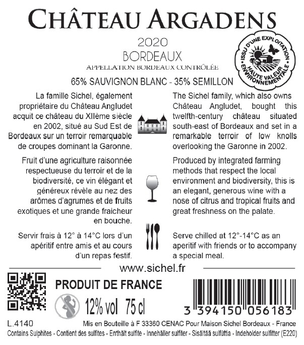 Château Argadens AOC Bordeaux Blanc 2020