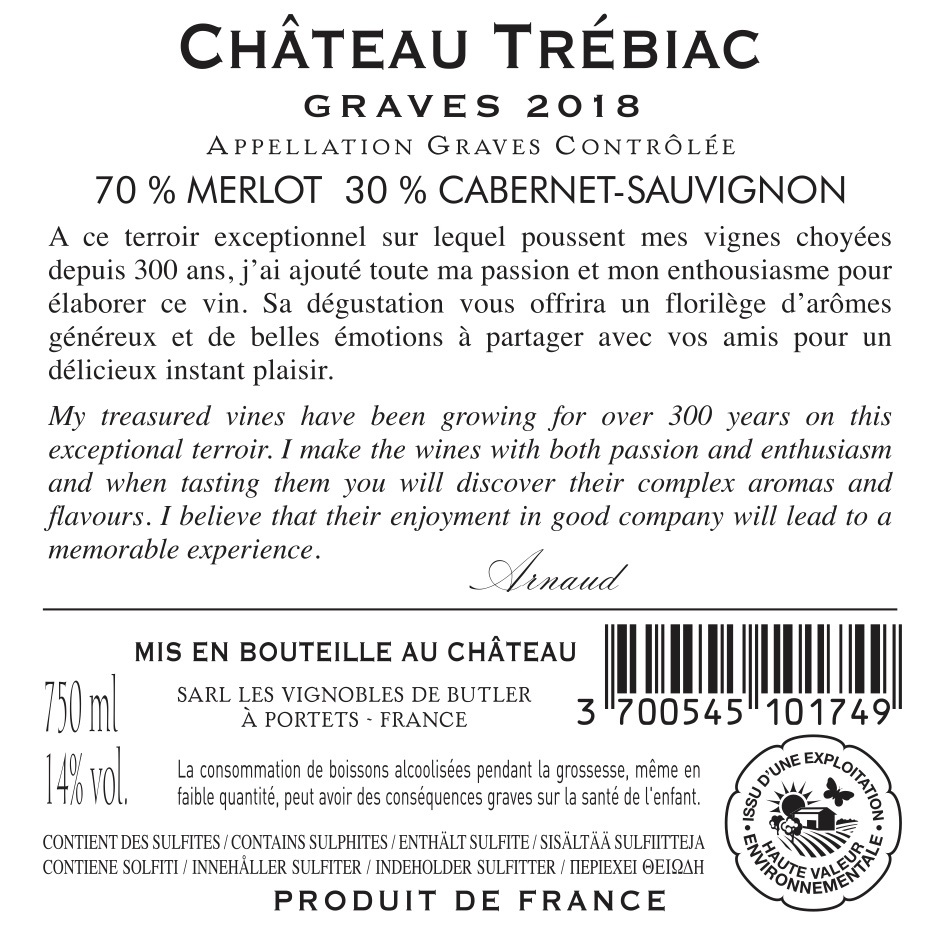 Château Trébiac AOC Graves Rouge 2018