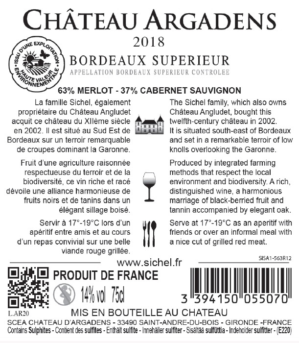 Château Argadens AOC Bordeaux Supérieur Red 2018