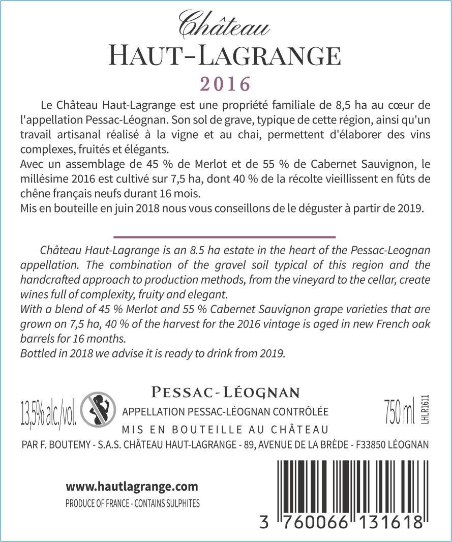Château Haut Lagrange AOC Pessac-Léognan Red 2016