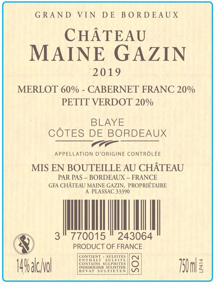 Château Maine Gazin AOC Blaye - Côtes de Bordeaux Rouge 2019