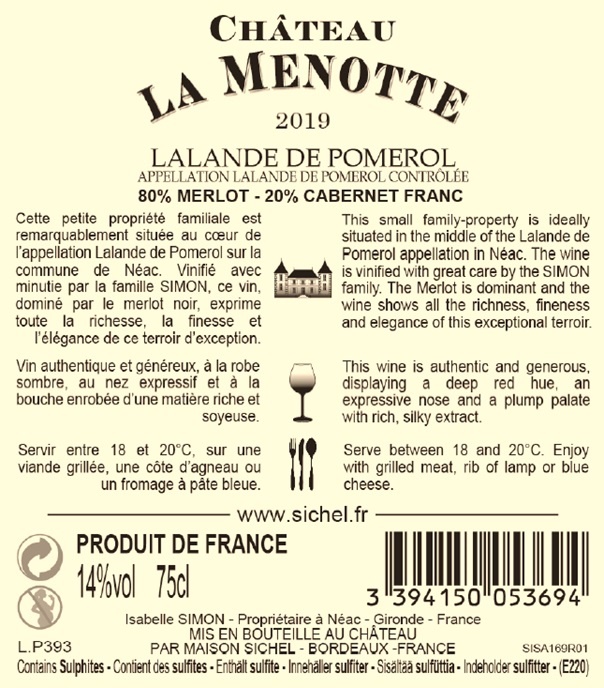 Château La Menotte AOC Lalande de Pomerol Rouge 2019