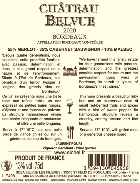 Château Belvue AOC Bordeaux Rouge 2020