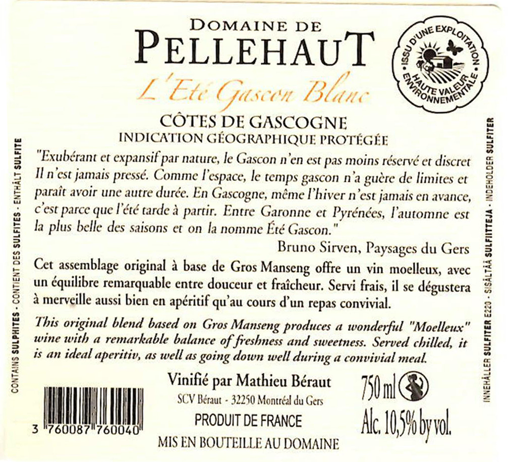 Domaine de Pellehaut L'été Gascon  IGP Côtes de Gascogne Blanc Moelleux 2021