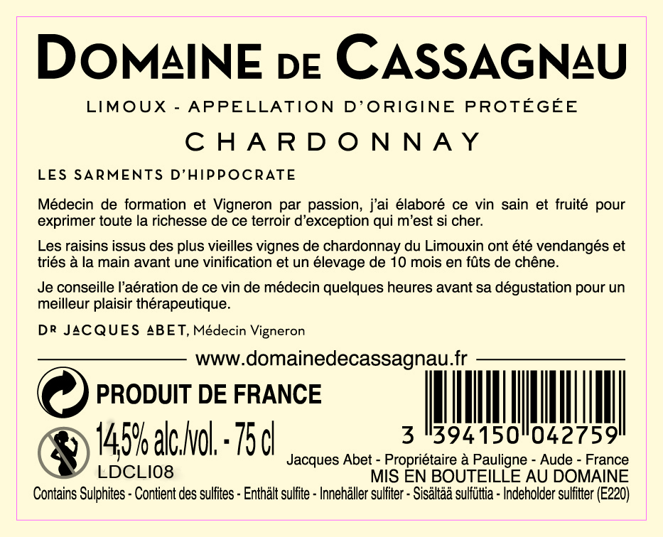 Domaine de Cassagnau Chardonnay Limoux AOC Limoux Blanc 2018
