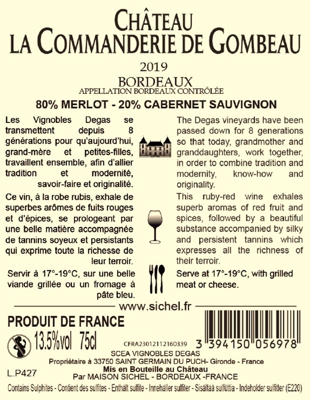 Château La Commanderie de Gombeau AOC Bordeaux Rouge 2019