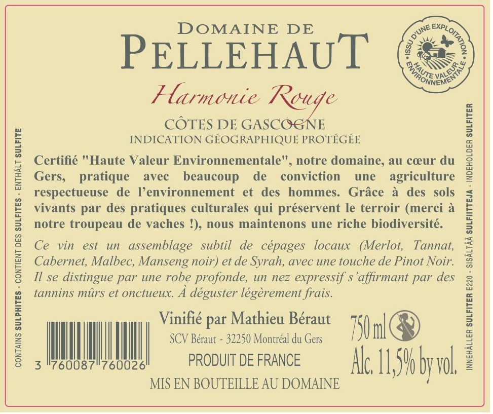 Domaine de Pellehaut Harmonie de Gascogne IGP Côtes de Gascogne Rouge 2021