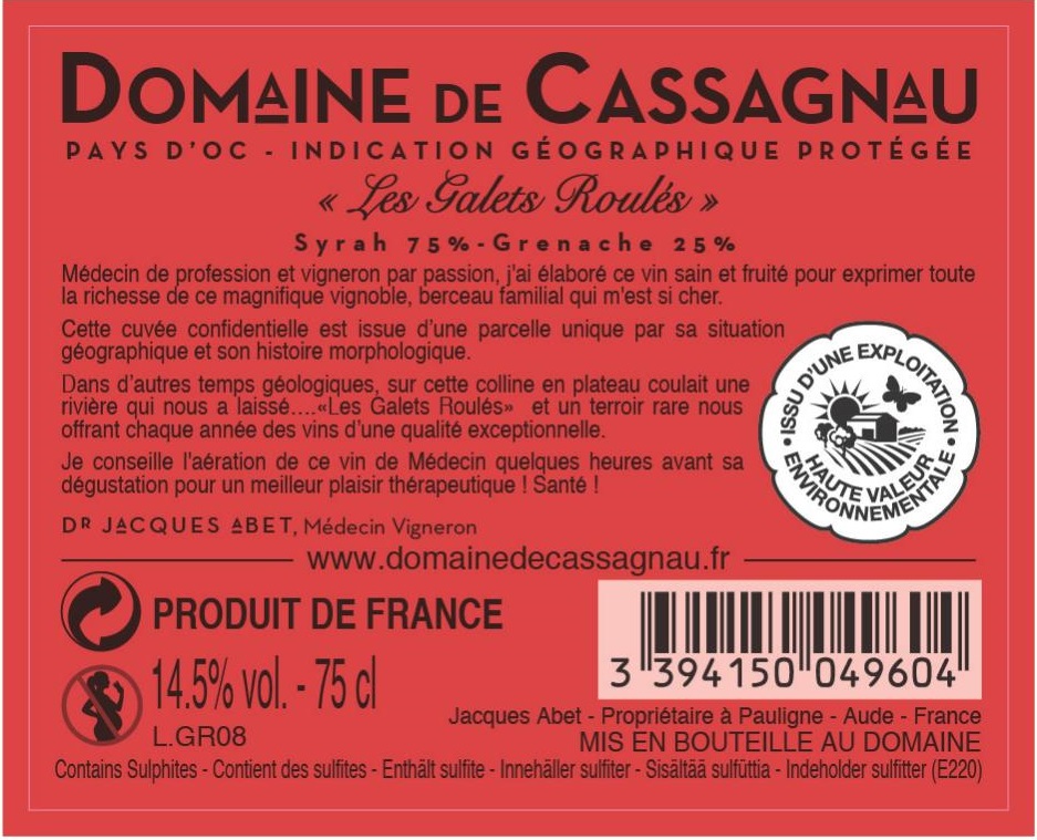Domaine de Cassagnau - Les Galets Roulés IGP Pays d'Oc Red 2020