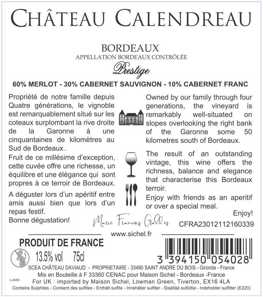 Château Calendreau AOC Bordeaux Rouge 2020